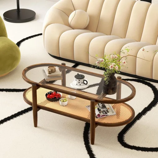 Akinola Meja Tamu Rotan Glass Desain Minimalis Terbaru