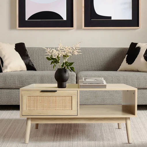 Luxen Meja Tamu Rotan Bleaching Desain Retro Minimalis