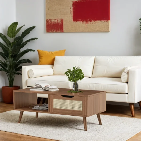 Meja Tamu Rotan Berlaci Desain Retro Minimalis