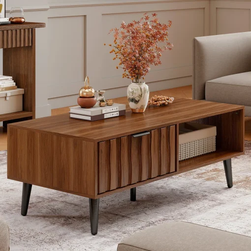Oliver Meja Tamu Laci Unik Kayu Jati Finishing Walnut