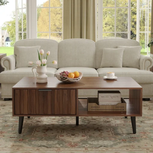 Oliver Meja Tamu Laci Unik Kayu Jati Finishing Walnut
