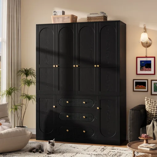 Cenna Lemari Pakaian 4 Pintu Plywood Hitam Serat