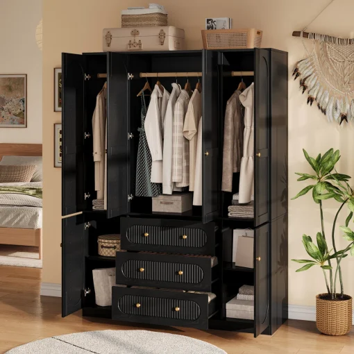 Cenna Lemari Pakaian 4 Pintu Plywood Hitam Serat