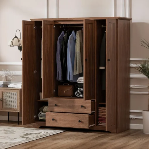 Deborra Lemari Pakaian Kayu Jati 4 Pintu Minimalis Modern