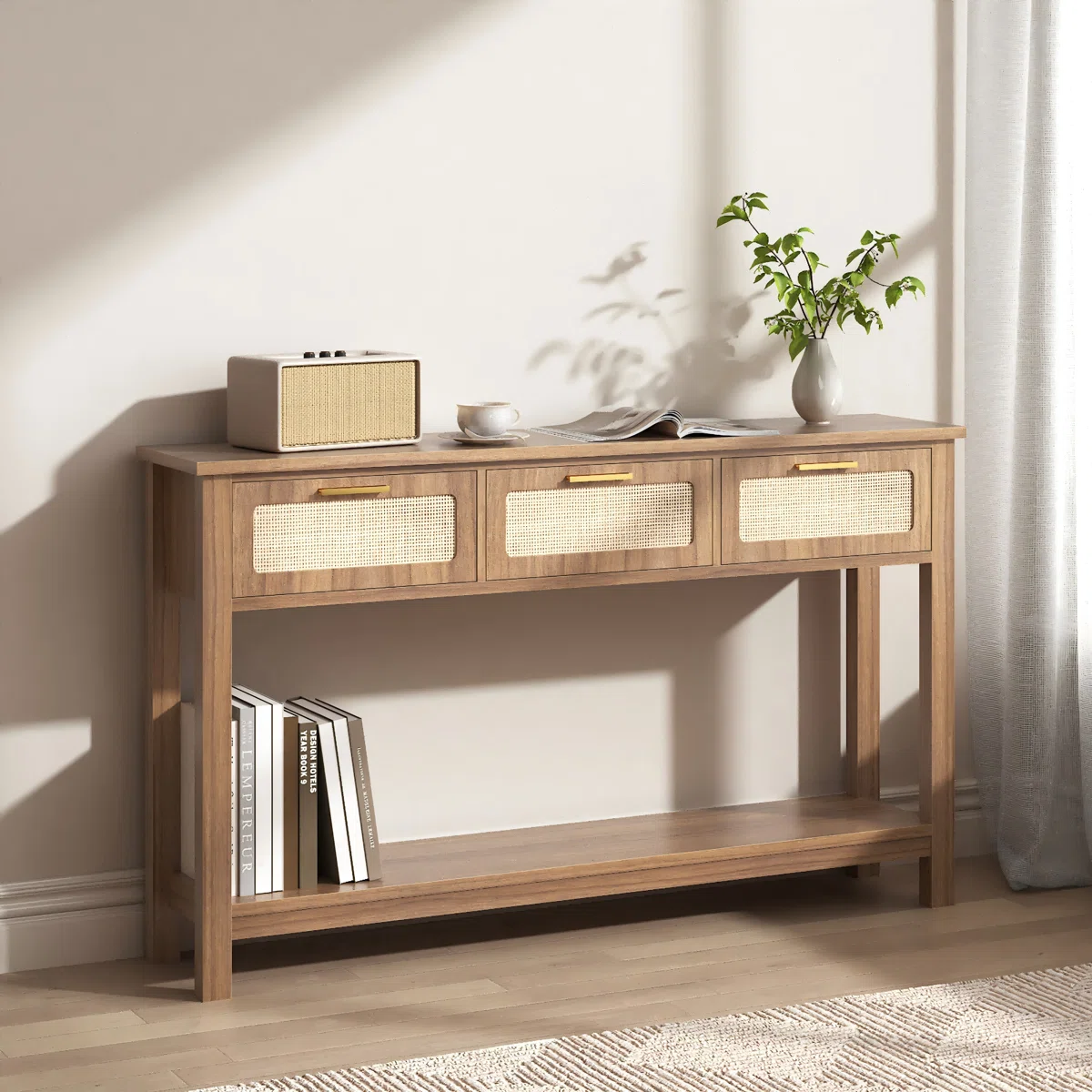 Bonita Meja Konsol Laci Rotan Kayu Jati Minimalis