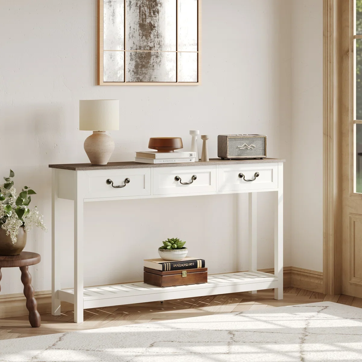 Caroline Meja Konsol Cat Duo Kombinasi Walnut Minimalis