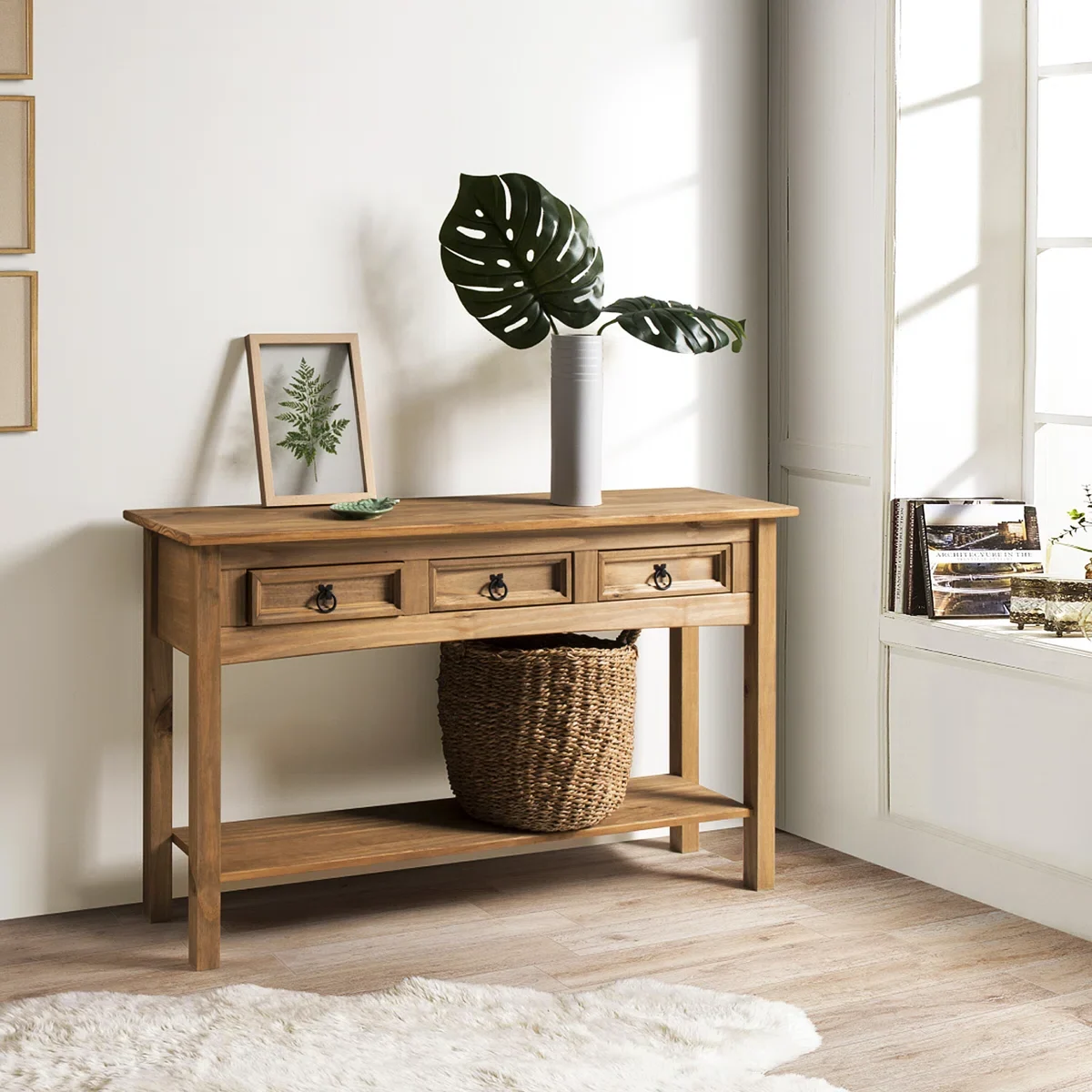 Dinna Meja Konsol Berlaci Sorong Kayu Jati Minimalis