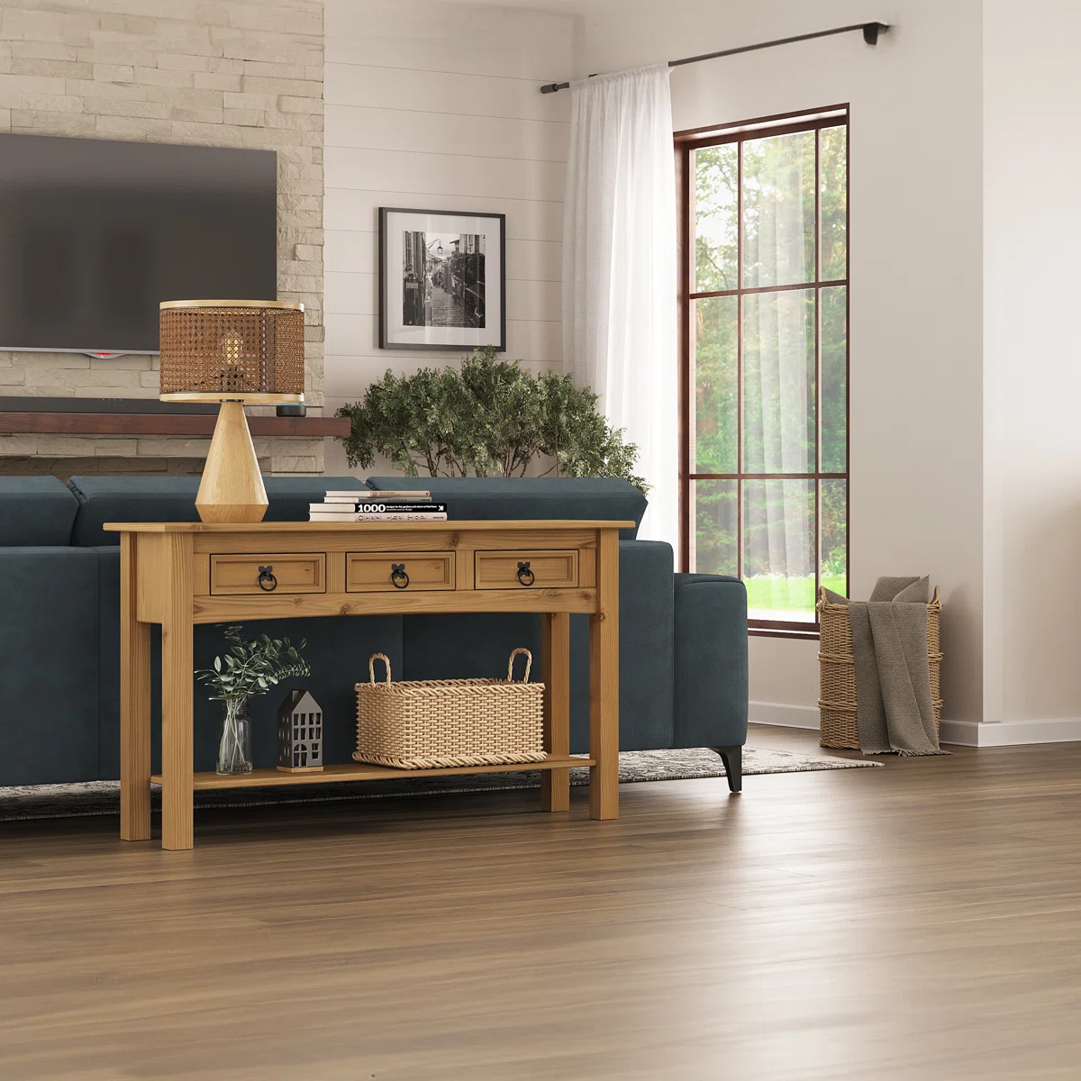 Dinna Meja Konsol Berlaci Sorong Kayu Jati Minimalis1