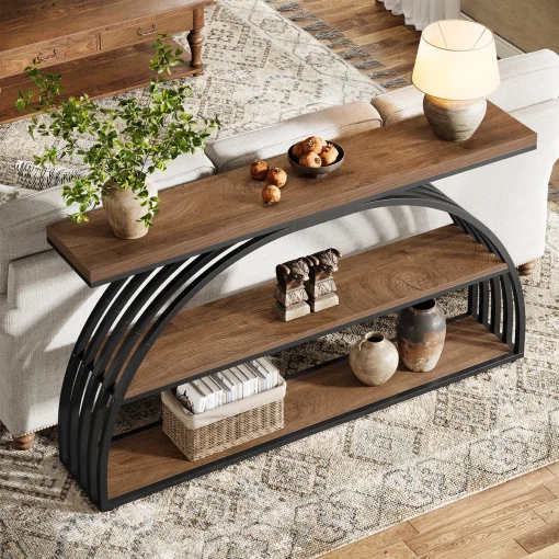 HENGKA Meja Konsol Rangka Besi Top Table Kayu Jati