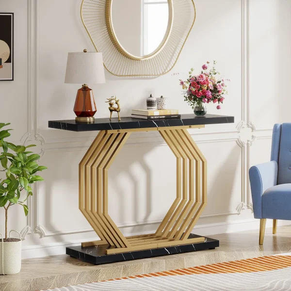 Holan Meja Konsol Rangka Besi Gold Top Hpl Marmer