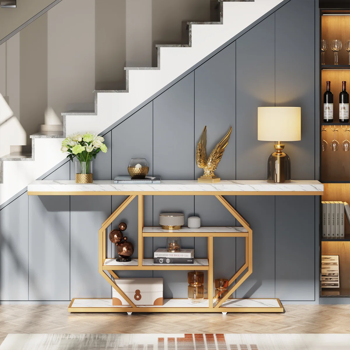 Karla Meja Konsol Mewah Besi Holo Top Laminasi Hpl Marmer Minimalis