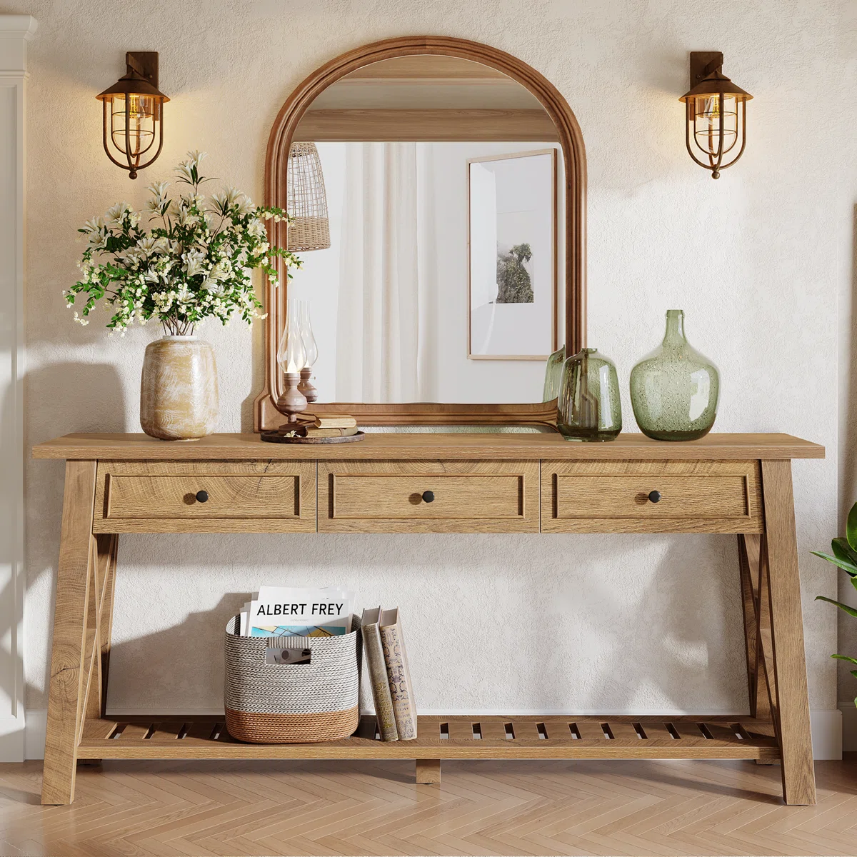 Selva Meja Konsol Berlaci Sorong Minimalis Kayu Jati Solid