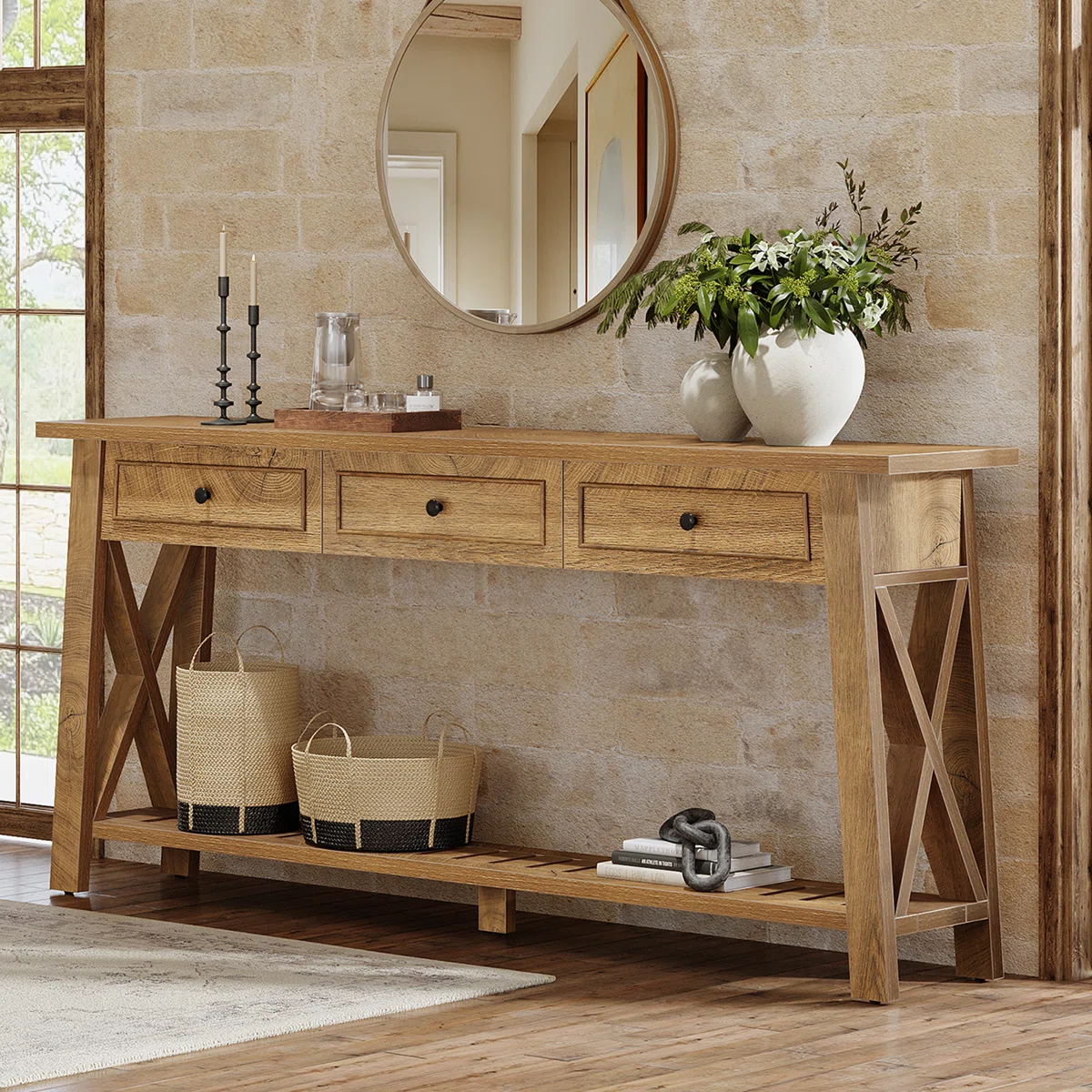 Selva Meja Konsol Berlaci Sorong Minimalis Kayu Jati Solid2