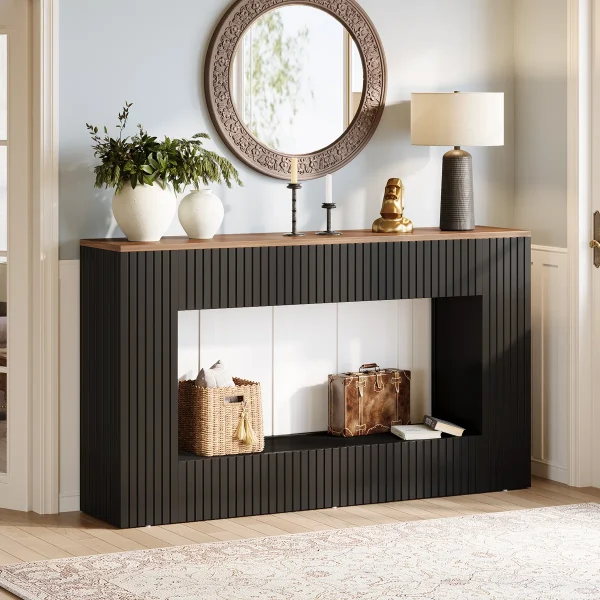 Vonza Meja Konsol Minimalis Cat Duco Hitam Top Walnut