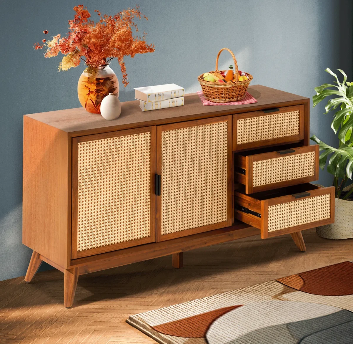 Betan Lemari Kabinet Rotan Retro Kayu Jati1