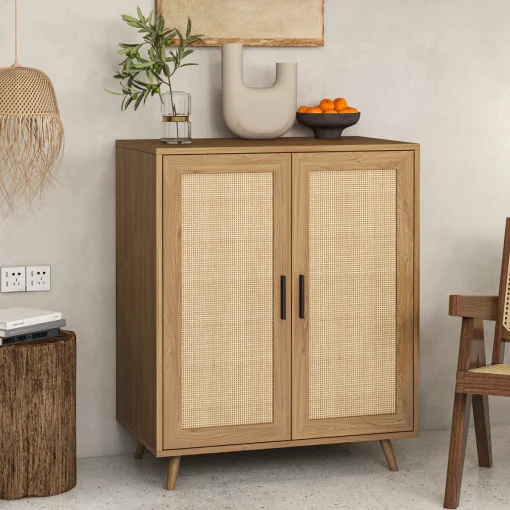 LEMA Lemari Kabinet Rotan Kaki Retro Kayu Jati Minimalis