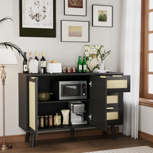 VEROS Lemari Kabinet Rotan Laci Cat Duco Hitam Minimalis