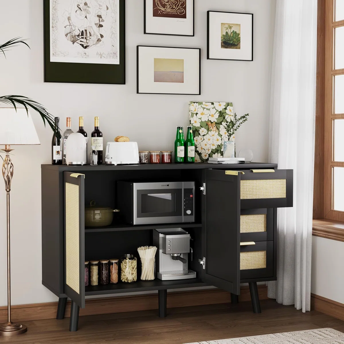 Veros Lemari Kabinet Rotan Laci Cat Duco Hitam1