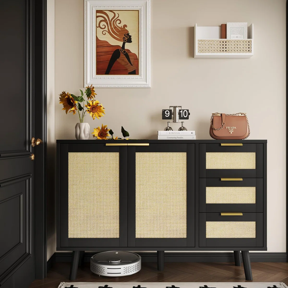 Veros Lemari Kabinet Rotan Laci Cat Duco Hitam4