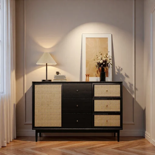 WARKEN Lemari Kabinet Rotan Cat Duco Hitam Minimalis