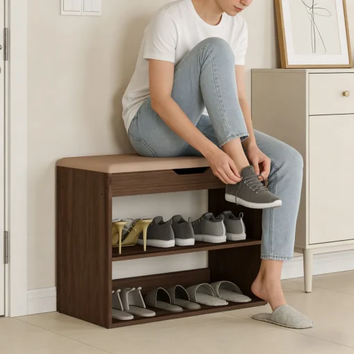 HELA Rak Sepatu Kayu Jati Top Bantalan Jok Kulit Mocca