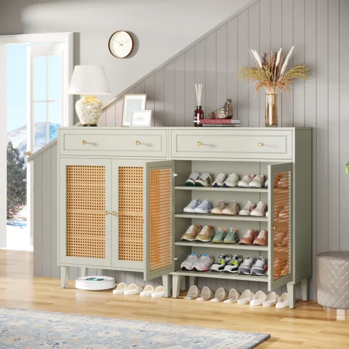 CORINA Rak Sepatu 2 Pintu 1 Laci Rotan Duco Calm Green