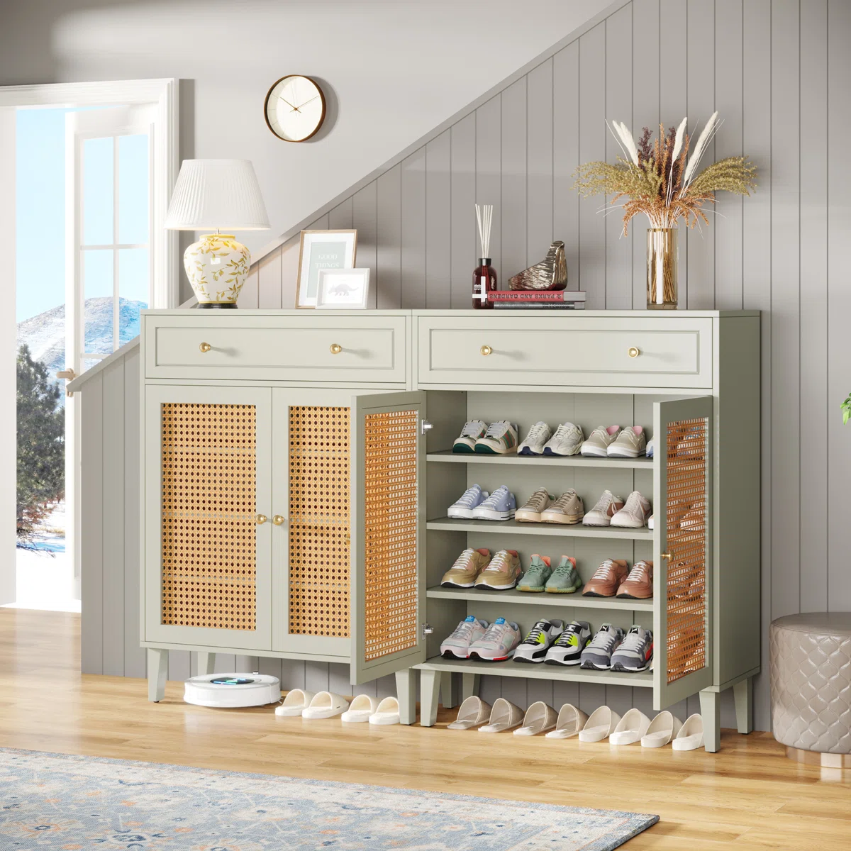 Corina Rak Sepatu 2 Pintu 1 Laci Rotan Cat Duco Calm Green1