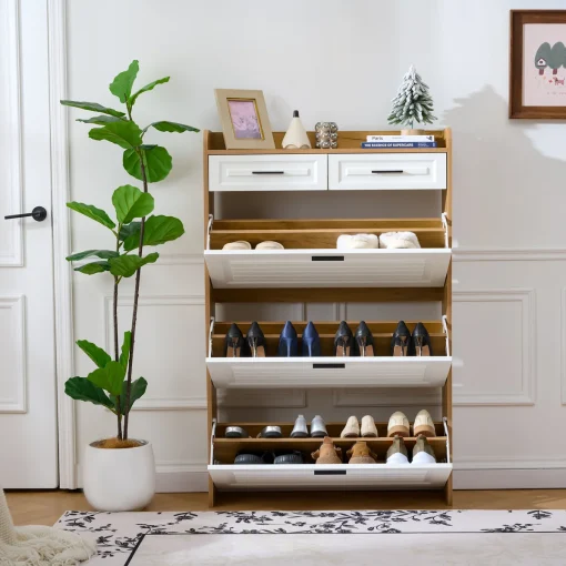 KENSIN Rak Sepatu 3 Susun Jati Natural Kombinasi Cat Duco