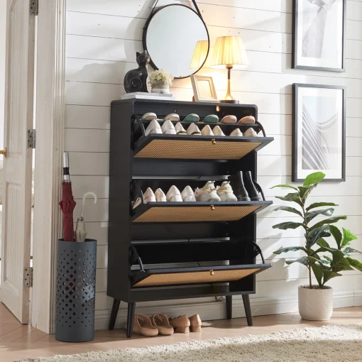 PETRAN Rak Sepatu 3 Pintu Rotan Kaki Retro Cat Duco