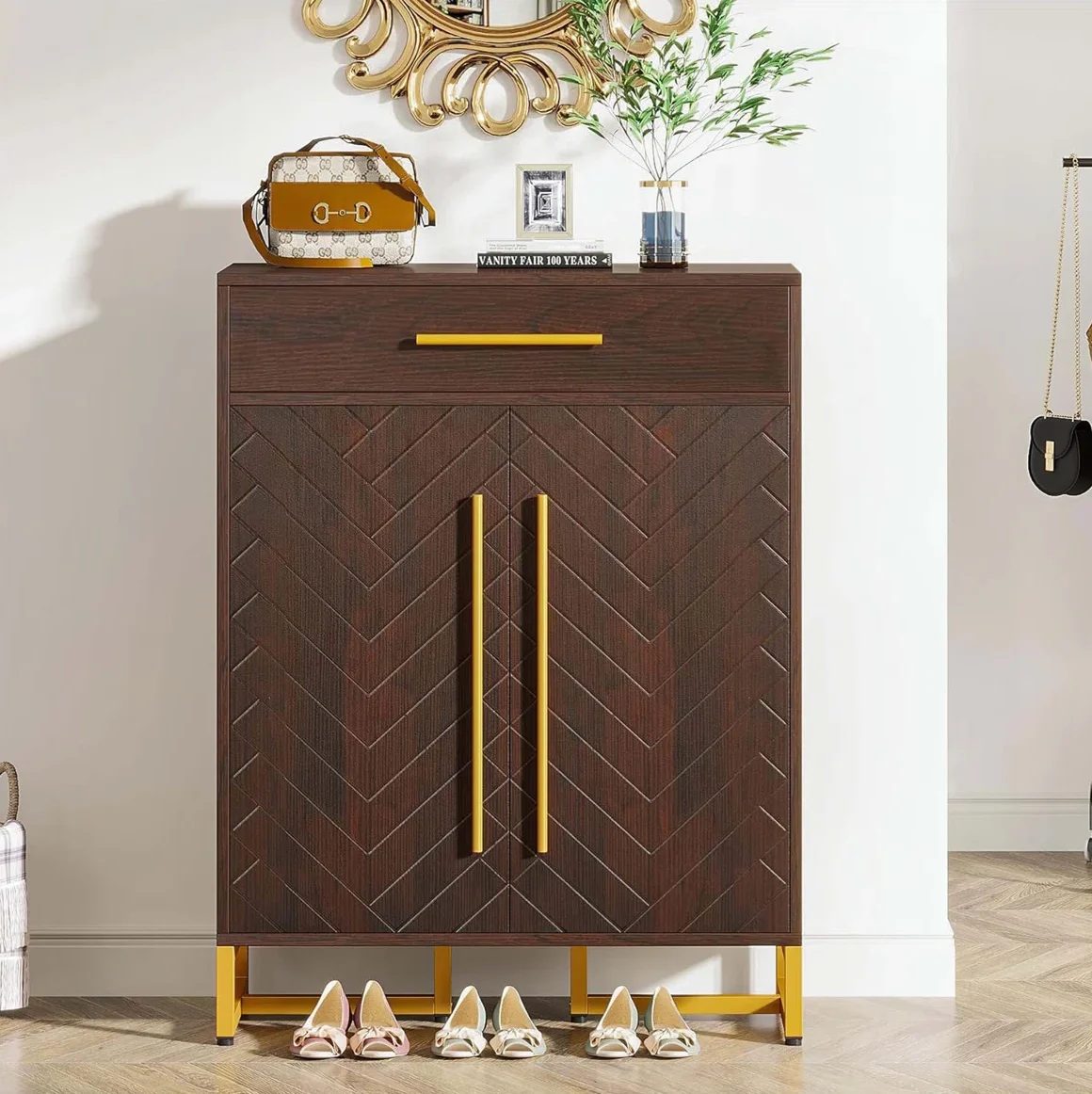 Pura Rak Sepatu 2 Pintu Jati Motif Unik Kaki Besi Holo