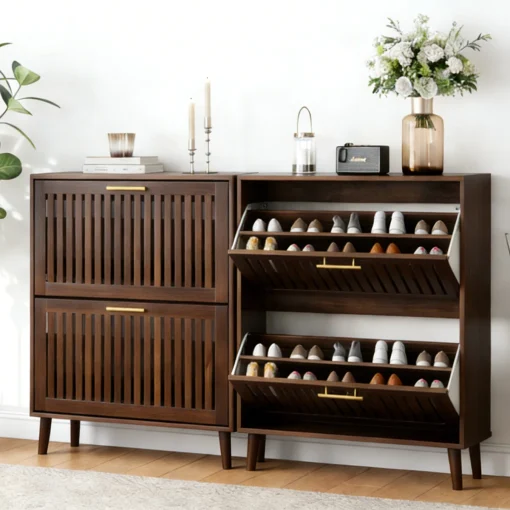 YOSSA Rak Sepatu 2 Pintu Jari Jari Walnut Kayu Jati