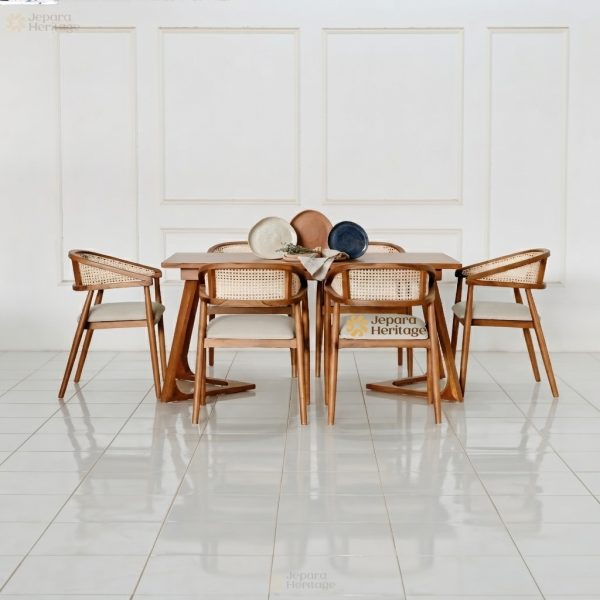 Yoza Set Kursi Meja Makan Rotan Desain Modern Kayu Jati